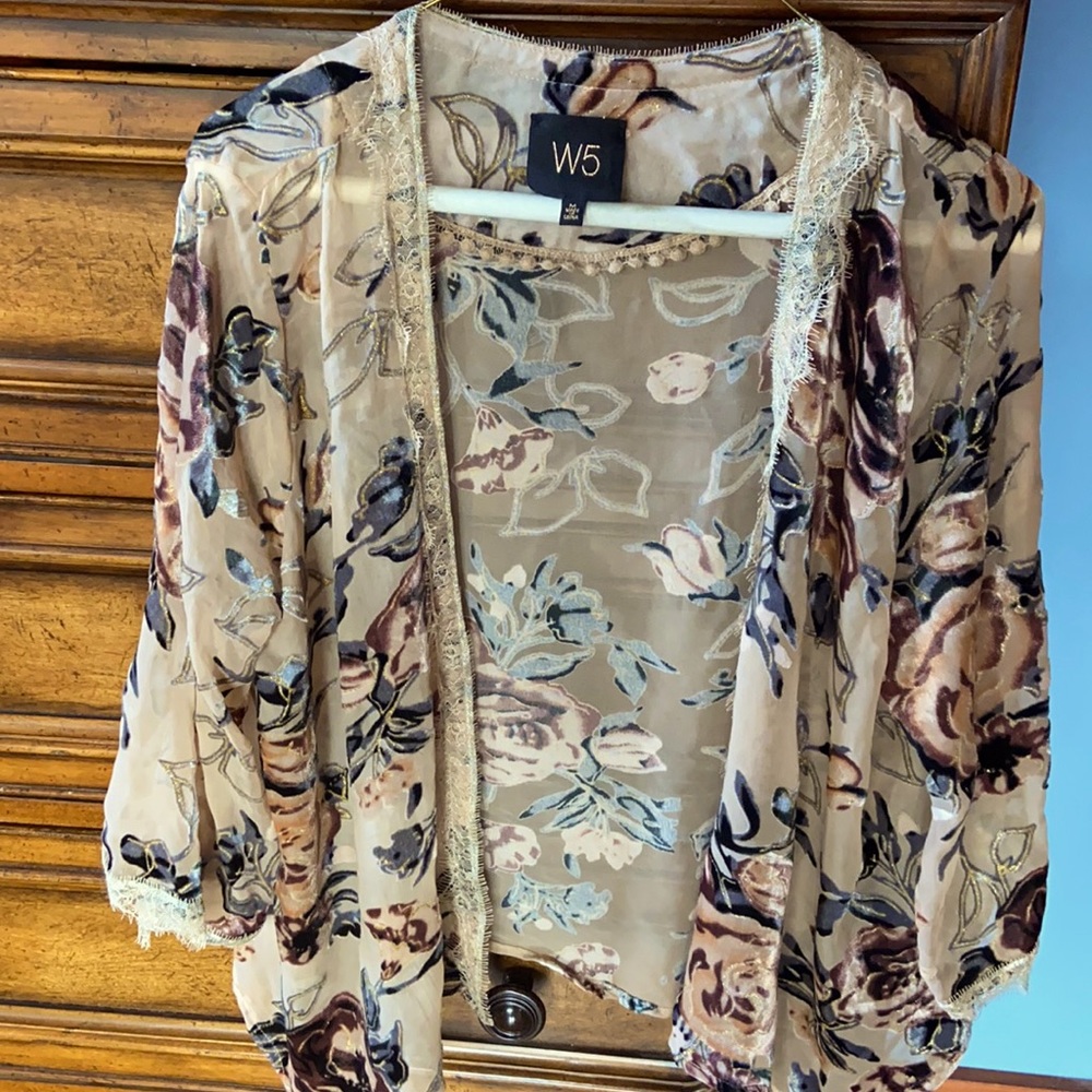 EUC Beautiful Sheer cover with velvet flowers with gold trim